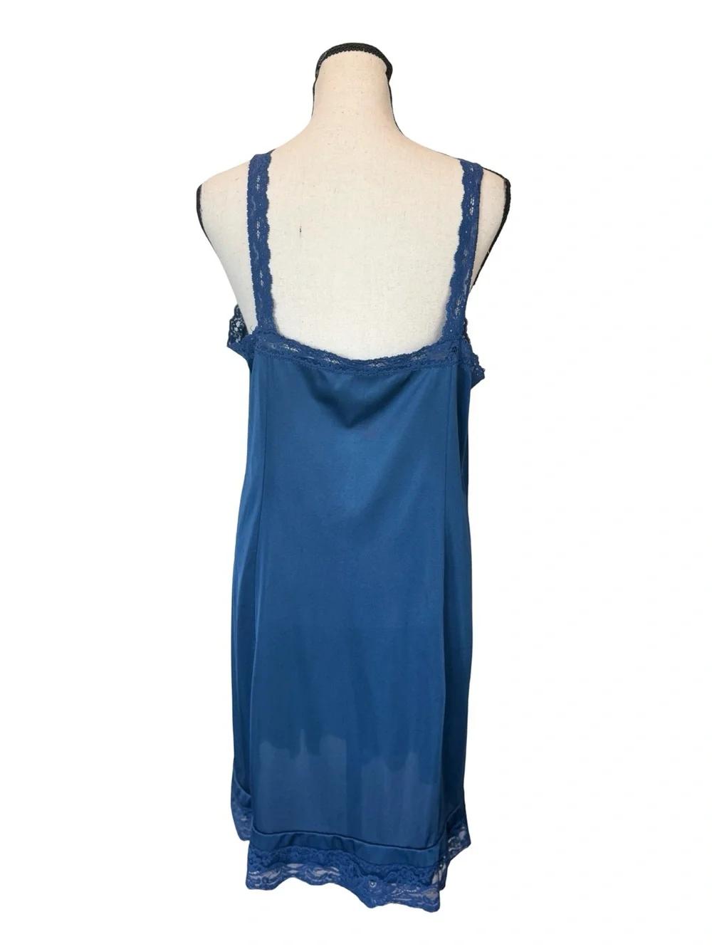 Vintage Sheer Elegance Blue Lace Trim Full Slip Nightgown USA Made Lingerie